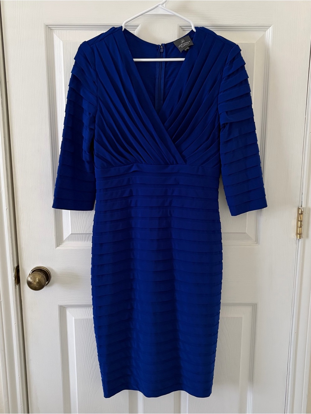 Adrianna Papell Cobalt Blue Pleated V-Neck Midi Dress